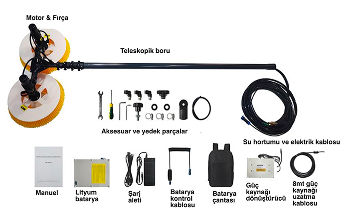 Frasz DC Motorlu, Bataryal, Pompal ve 220V Elektrik Beslemeli Panel Temizleme Fras (7.5 metre )